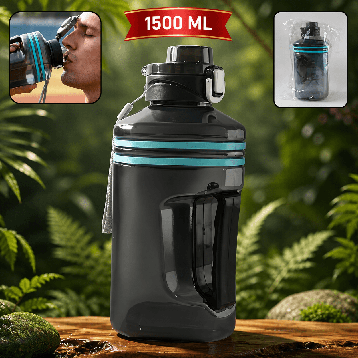 Large Square Gallon Style Water Bottle With Handle 1500 Ml