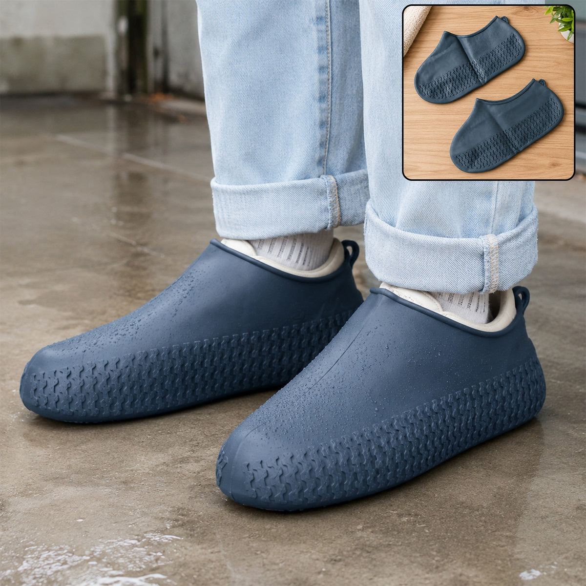 Waterproof Silicone Rain Shoe Cover 23 Cm Small Anti Slip Navy Blue (1 Pair)