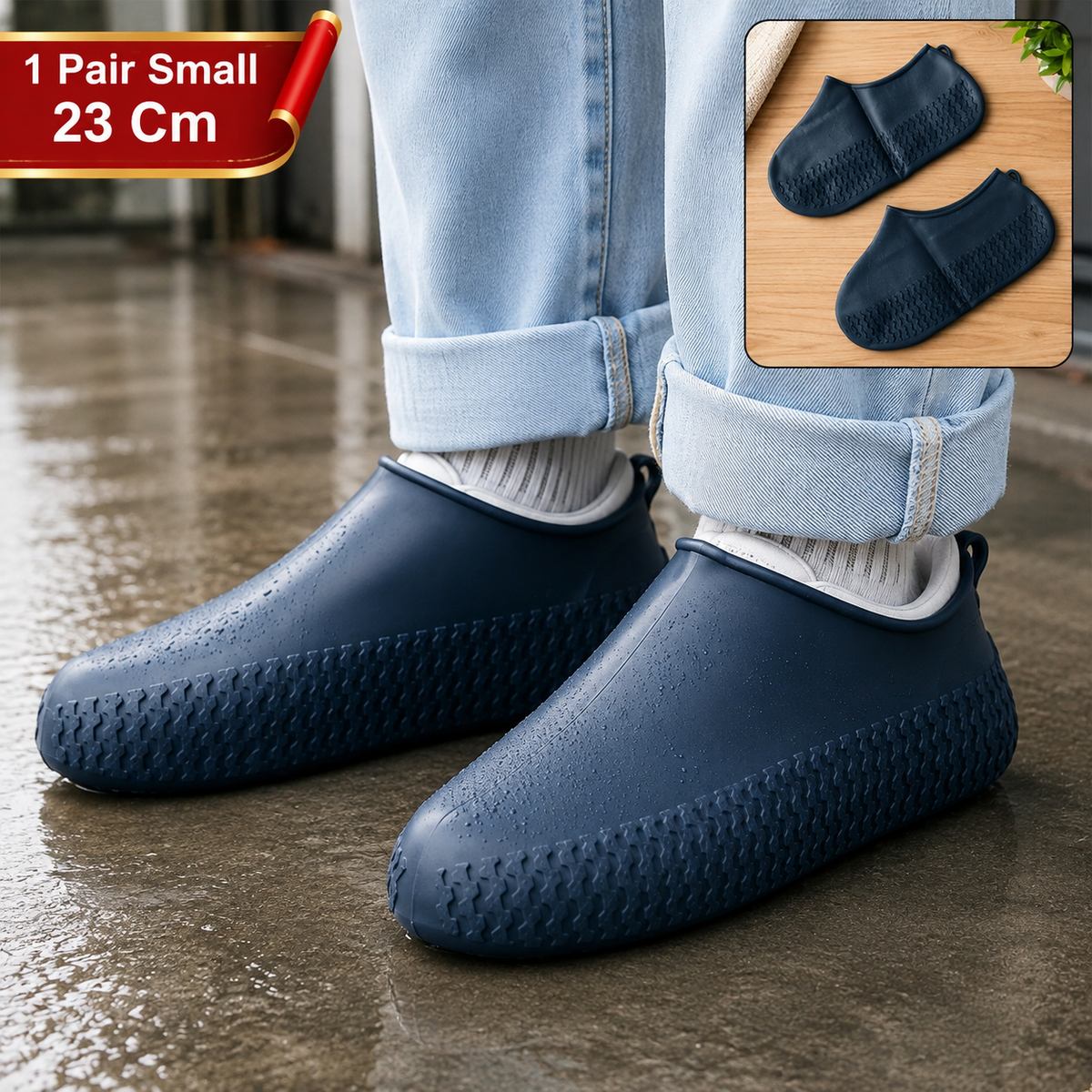 Waterproof Silicone Rain Shoe Cover 23 Cm Small Anti Slip Navy Blue (1 Pair)
